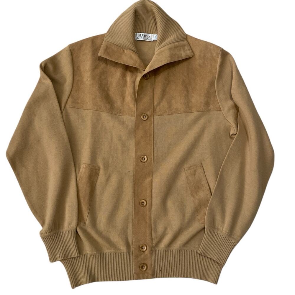 ST. CROIX Knits Zepher Wool Men Size Large Slim Fit Vintage Tan Biege Cardigan